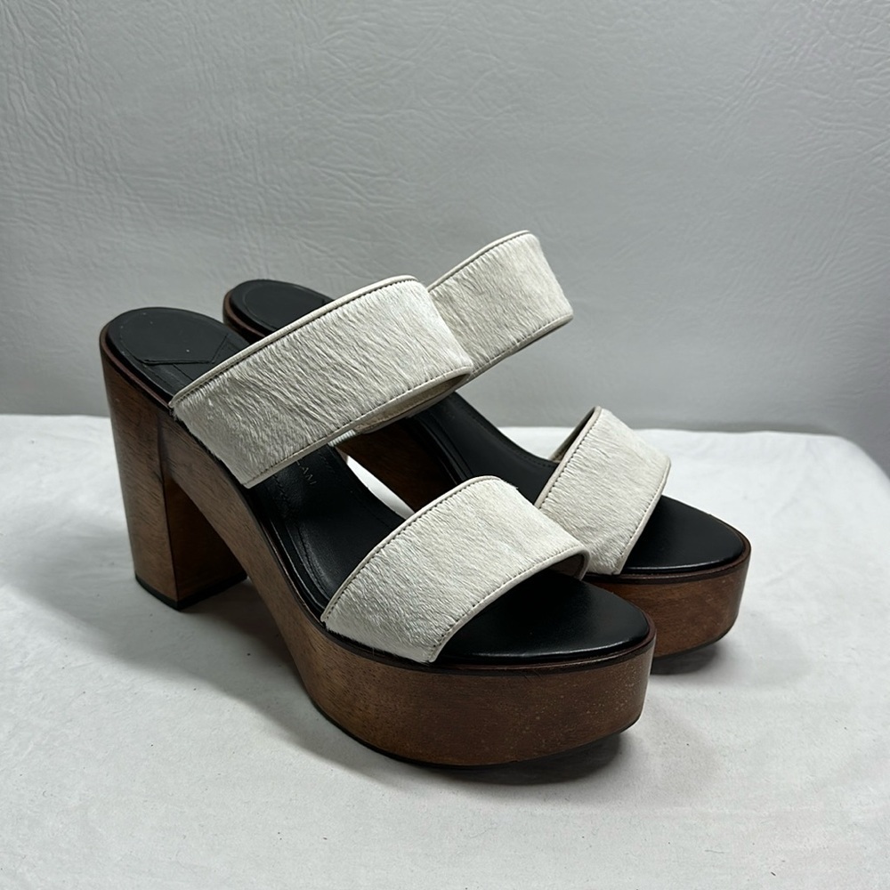 10 Crosby Derek Lam Calf Fur Wooden Heel Sandals, 9 - Picture 2 of 10